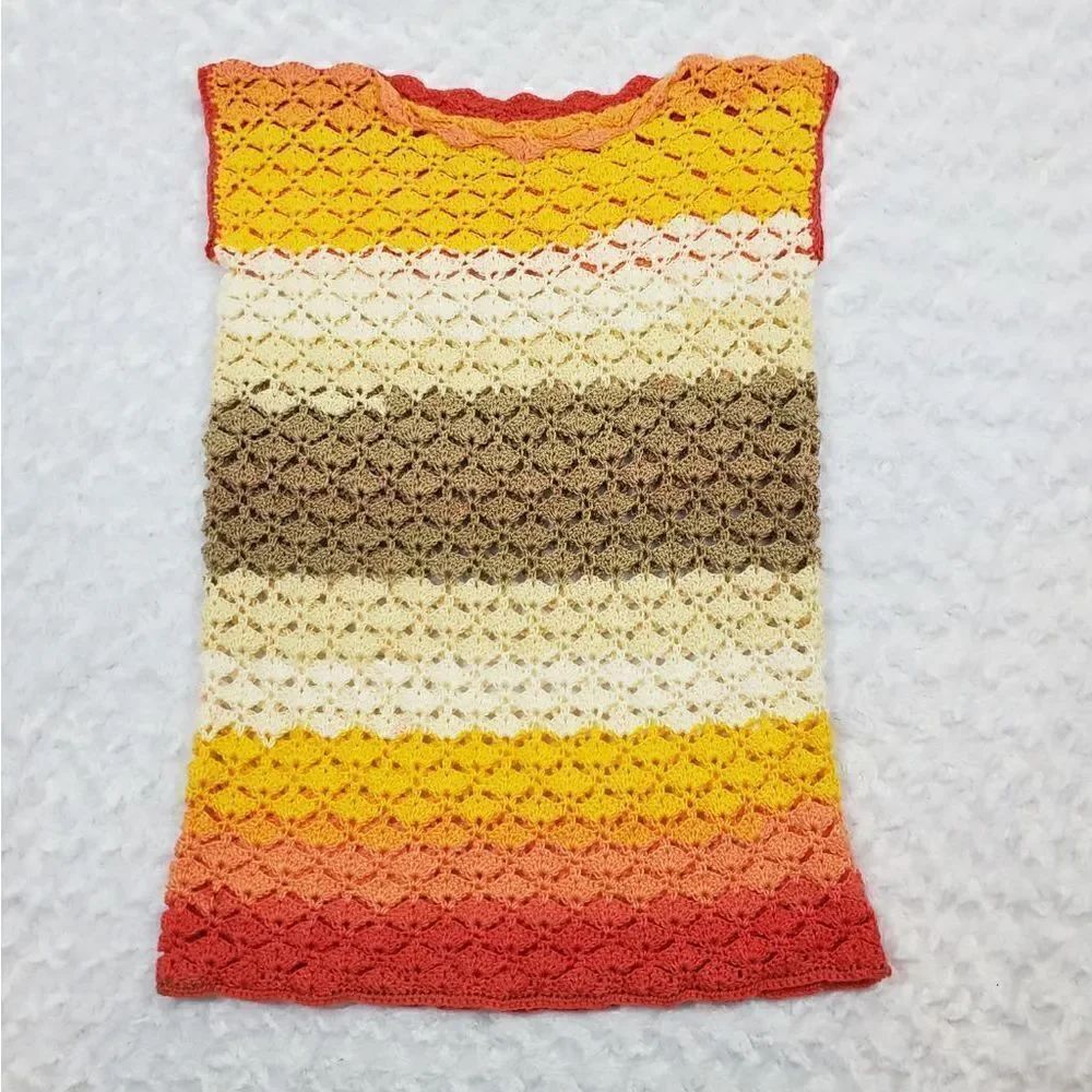 Handmade knit dress overlay 70s inspired sunset block colors